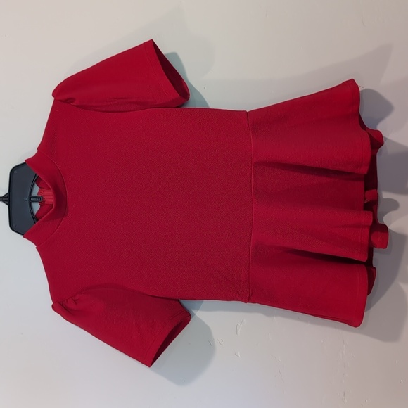 SHEIN Red Short Sleeve High Neck Zip Back Peplum Hem Blouse Size Medium - Picture 5 of 9